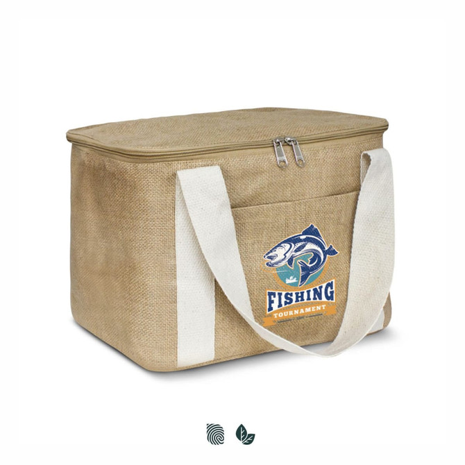 A tan cooler bag with a zip closure and white straps, featuring a logo related to fishing.