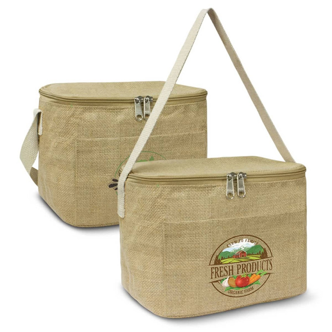 A tan cooler bag with a zip closure and a shoulder strap, featuring a logo on the front.
