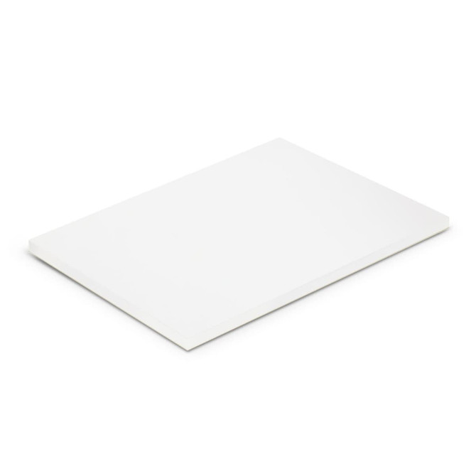 A6 notepad with 50 white leaves, featuring a plain, flat design and includes a logo.