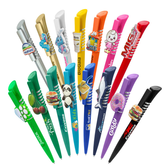 A collection of colourful plastic pens featuring various designs and branding, including animal and food motifs.
