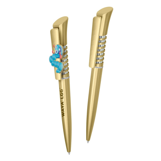 A gold plastic pen featuring a decorative character and a logo, designed for writing.