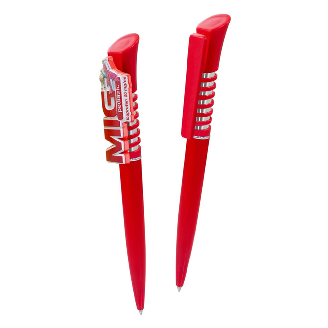 A red plastic pen with a sleek design, featuring a prominent clip and a contoured grip.
