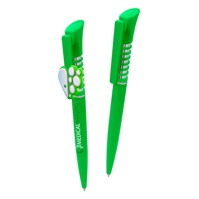 A pair of bright green plastic pens with a unique design and a logo on one of the pens.