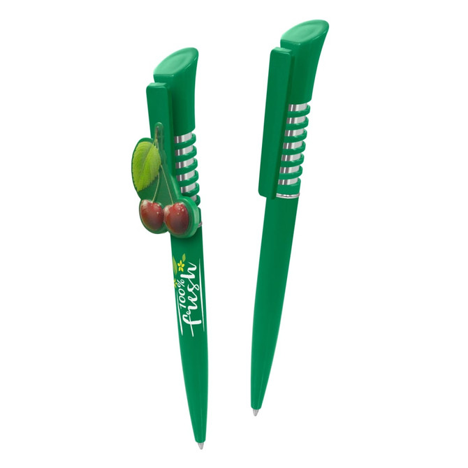 A green plastic pen featuring a decorative cherry design and a logo. It has a unique grip and clip design.