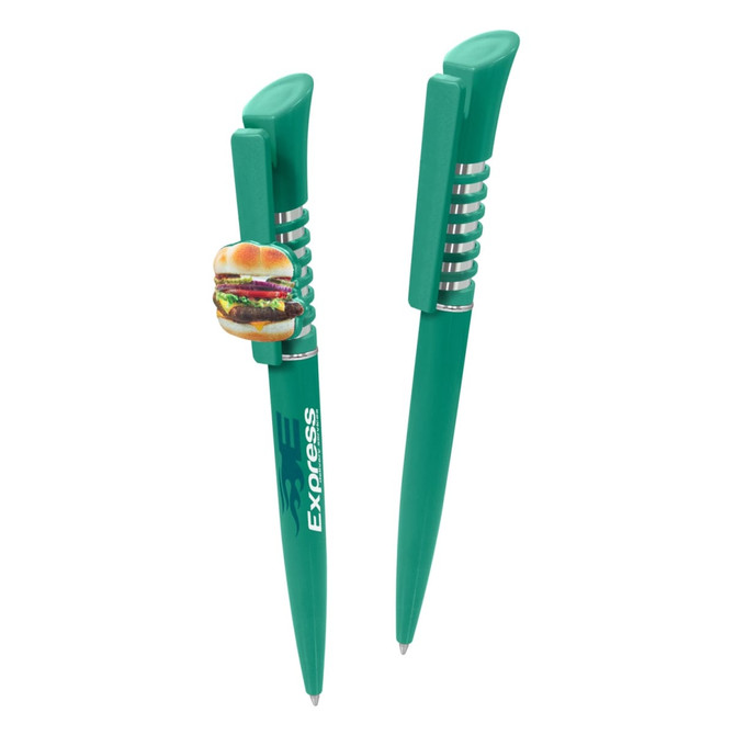 A plastic pen named Infinity Pen in a vibrant teal color, featuring a burger-shaped embellishment for added flair.