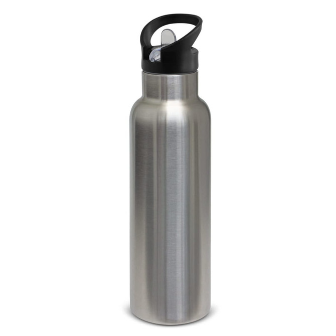 A drink bottle featuring a sleek stainless steel design with a black lid and carrying handle, plus a logo.
