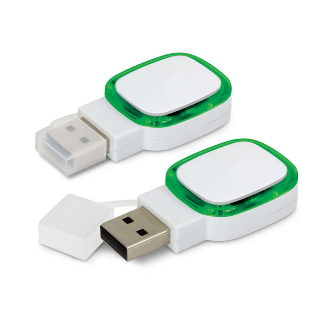 A white and green 4GB flash drive with a protective cap, featuring a logo on its side.