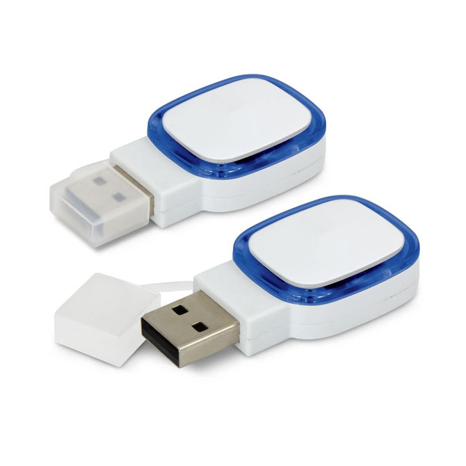 A white and blue Zodiac 4GB flash drive with a protective cap and a small branding logo.