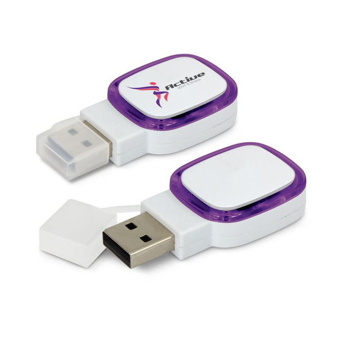 A 4GB purple and white flash drive with a logo, featuring a retractable USB connector.