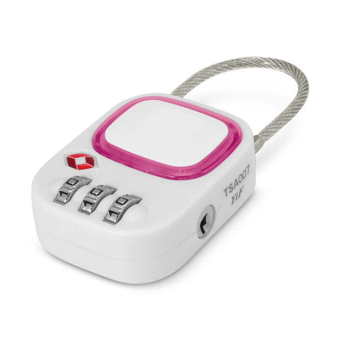 A white TSA lock with a pink cover, featuring a cable loop and three combination dials. It has a logo on the side.