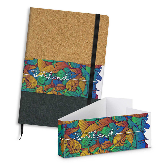 A cork and patterned notebook featuring a black elastic band, presented with a matching box.