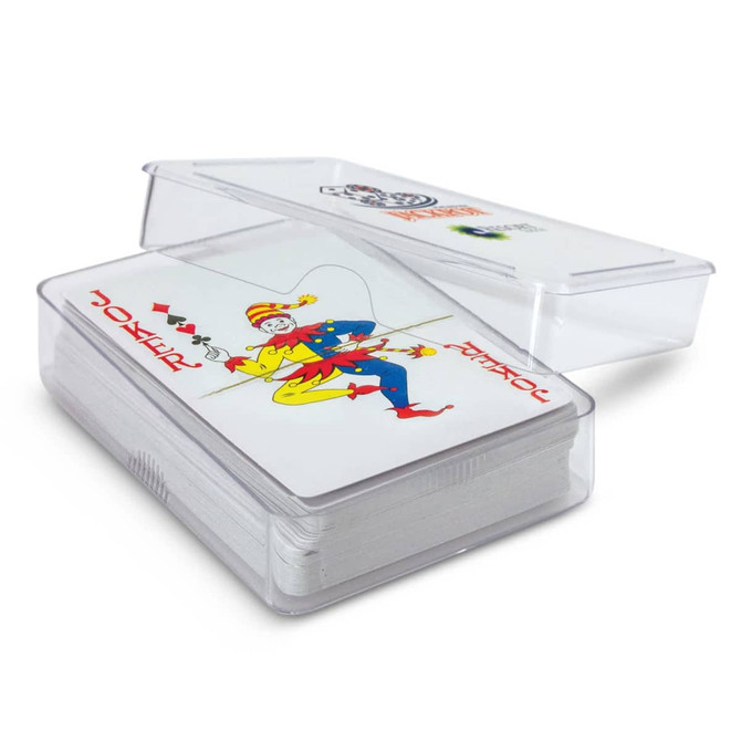 A set of Saloon Playing Cards in a clear plastic case, featuring vibrant colours and a jokester design on the front.