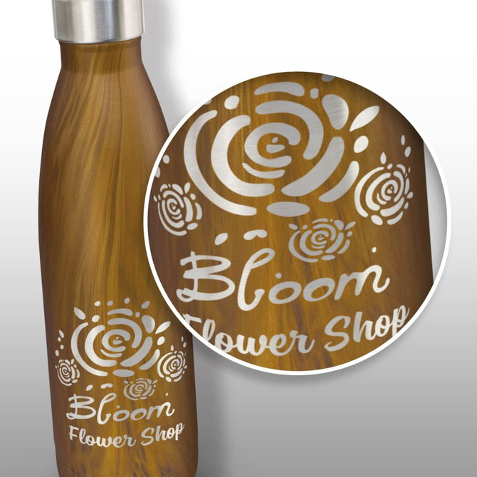 A drink bottle with a brown wood-like finish, featuring a floral design and a branding logo.