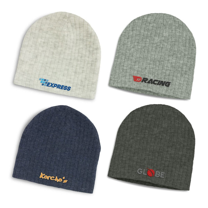 Four cable knit beanies in cream, grey, navy, and dark green, each featuring a branding logo.