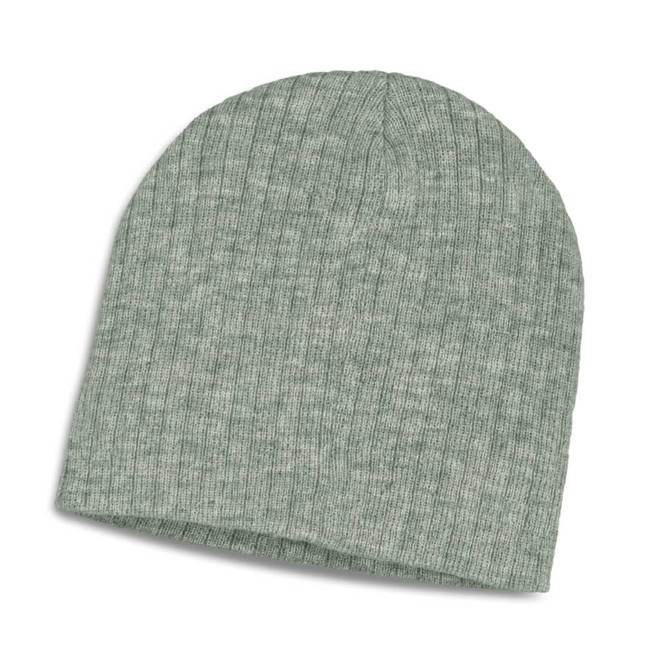 A green heather cable knit beanie with a ribbed texture and no visible branding.