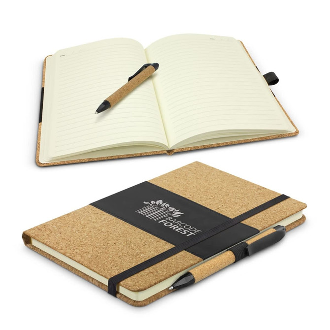 A cork-covered notebook with a pen, featuring a black band and an elastic closure, opened to show lined pages.