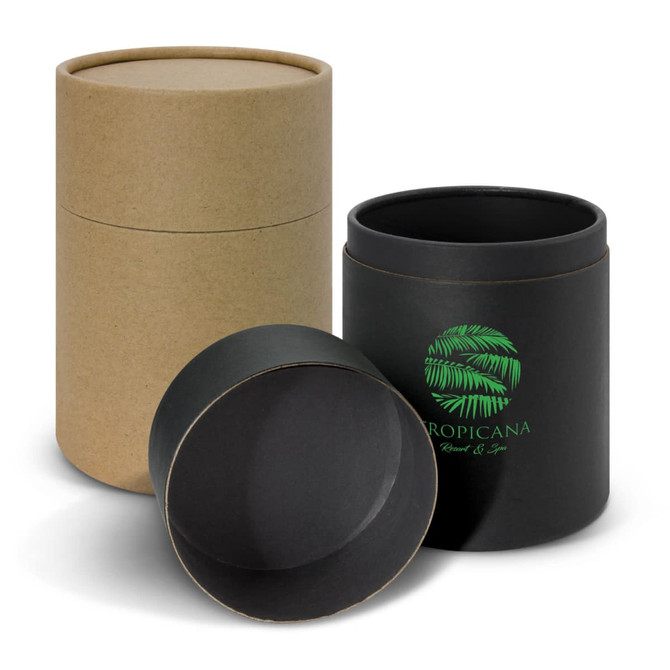 A cylindrical gift tube set in natural brown and black, featuring a logo on the dark tube.