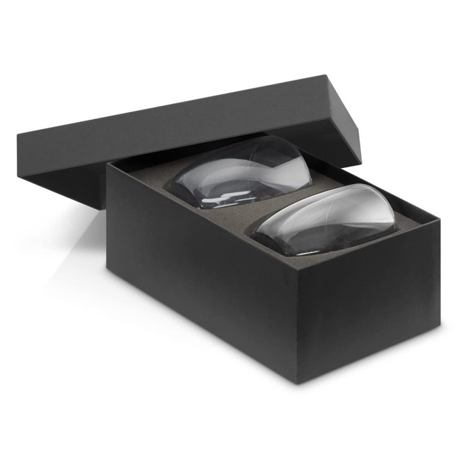 A black box containing two double wall glass tumblers, showcasing a sleek, modern design.