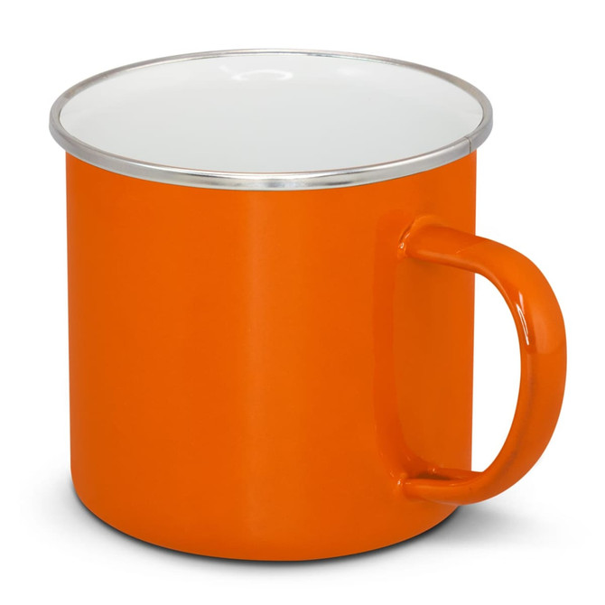 An orange enamel mug with a white interior and a silver rim. It features a sturdy handle and a logo.