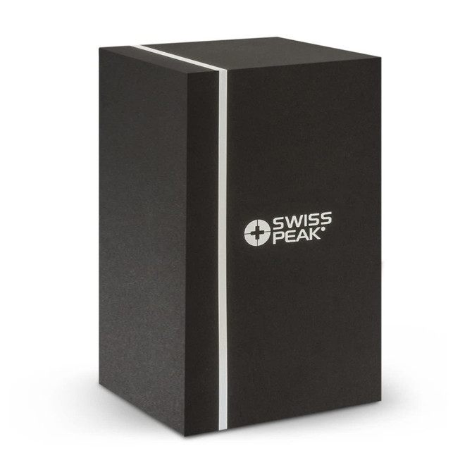 A black box with a sleek design and a logo, likely packaging for a product.
