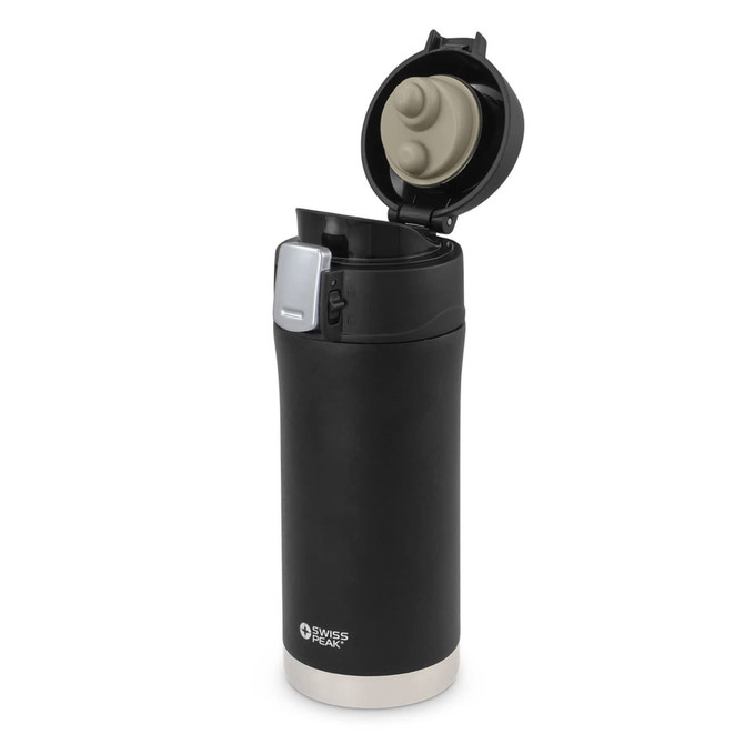 A drink bottle in matte black with a silver base, featuring a flip-top lid and a logo.