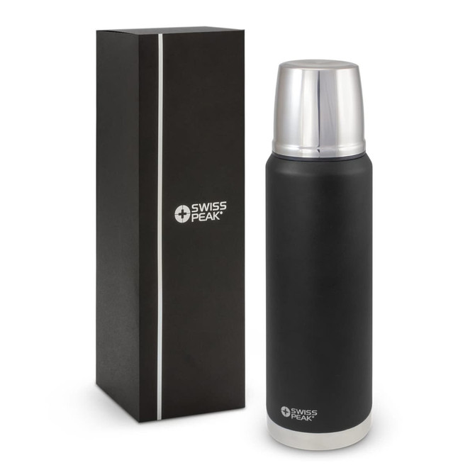 A drink bottle with a matte black finish and silver cap, presented in a sleek black box, featuring a logo.