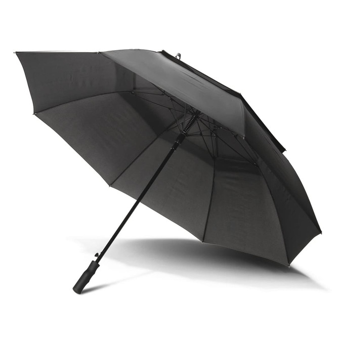 A black 76cm storm umbrella with a sturdy frame and a handle, featuring a logo.