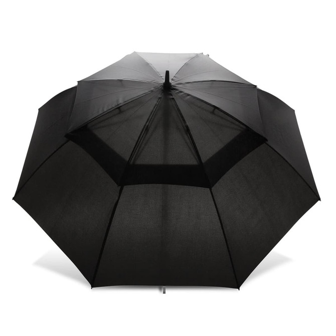 A black 76cm storm umbrella with multiple panels and a sturdy construction, featuring a logo.