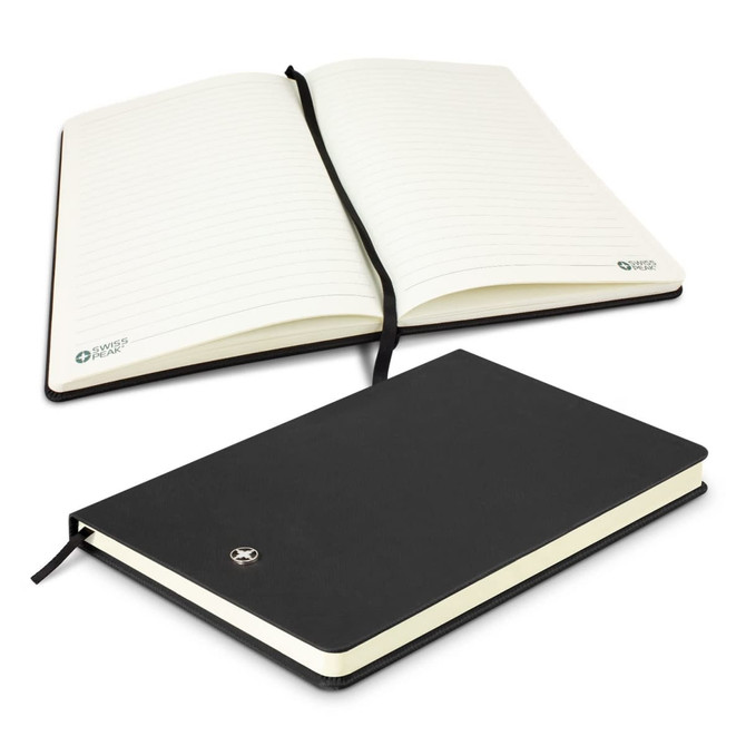A black A5 notebook with lined pages, featuring an elastic band and a logo on the cover.