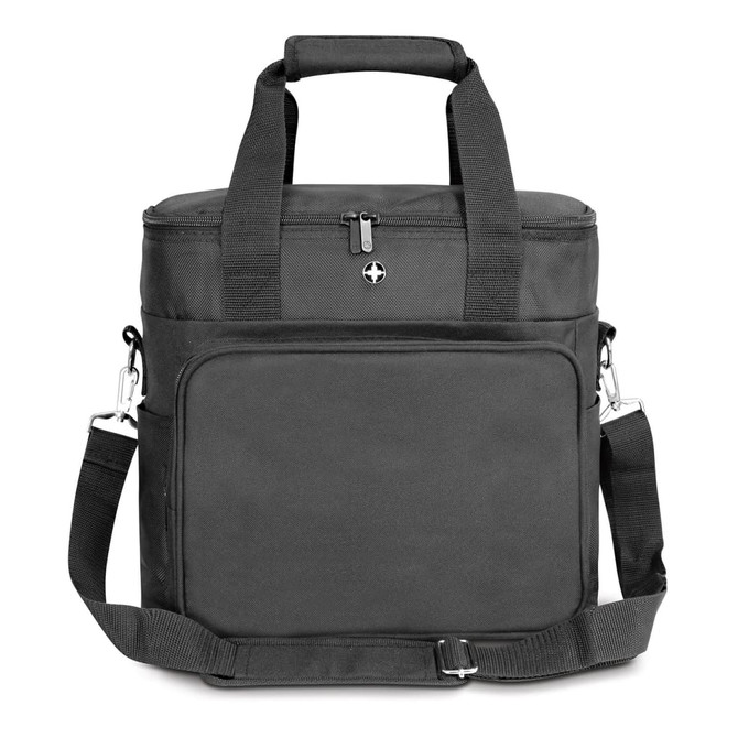 A black cooler bag featuring sturdy handles, a shoulder strap, and a front pocket with a logo.