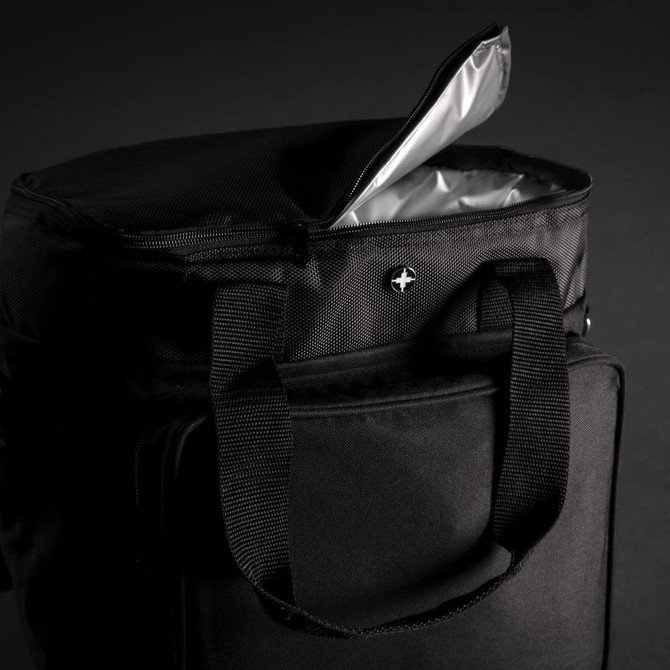 A black cooler bag featuring a silver insulated interior and a zippered opening, with sturdy handles and a logo.