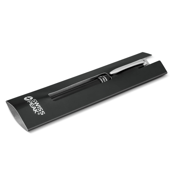 A metal rollerball pen in a sleek black packaging, featuring a branding logo. The pen is silver and black.
