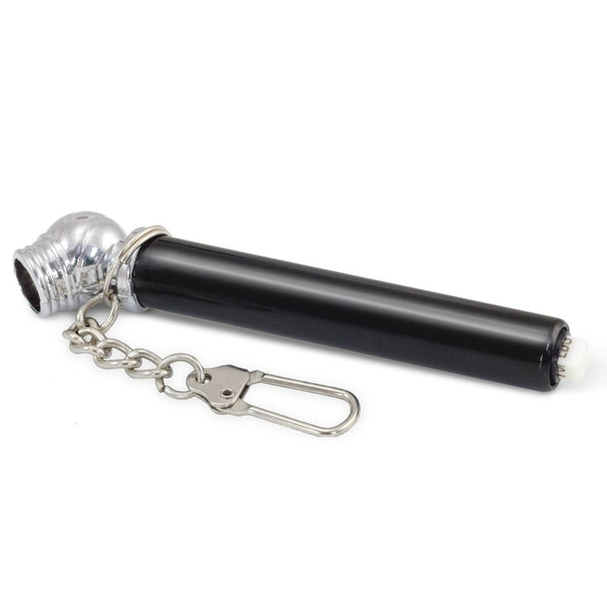 A black tyre pressure gauge key ring with a silver cap and a metal chain attachment.
