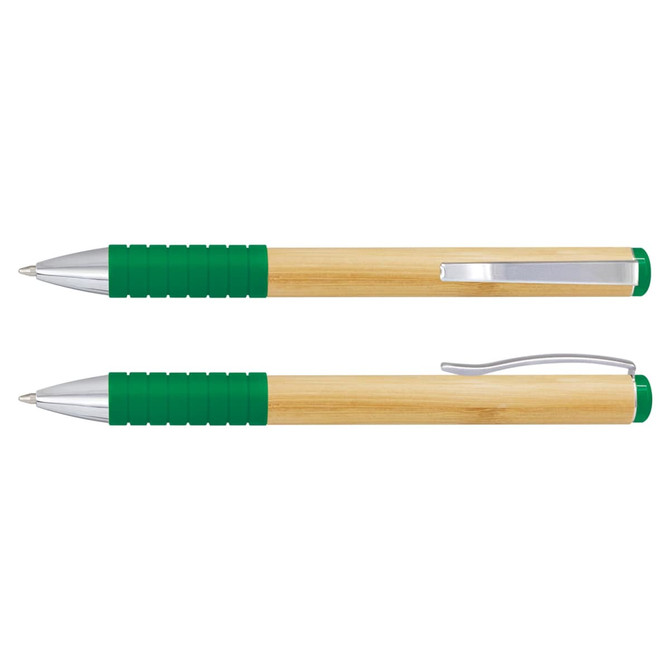 A bamboo twist pen with a wooden texture, green rubber grip, and silver metal accents. It features a logo.