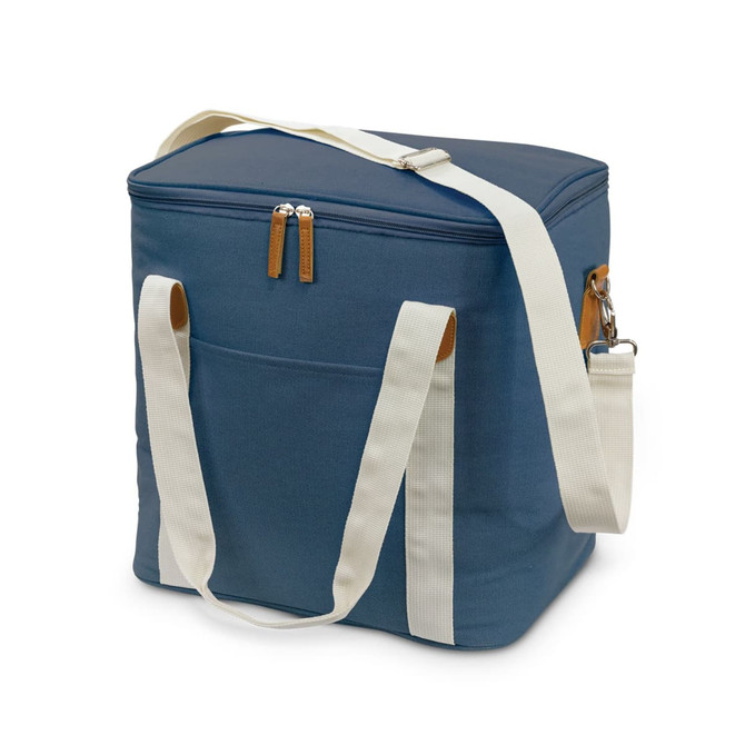 A rectangular canvas cooler bag in navy blue with white straps and a zip closure. It features a front pocket and branding.