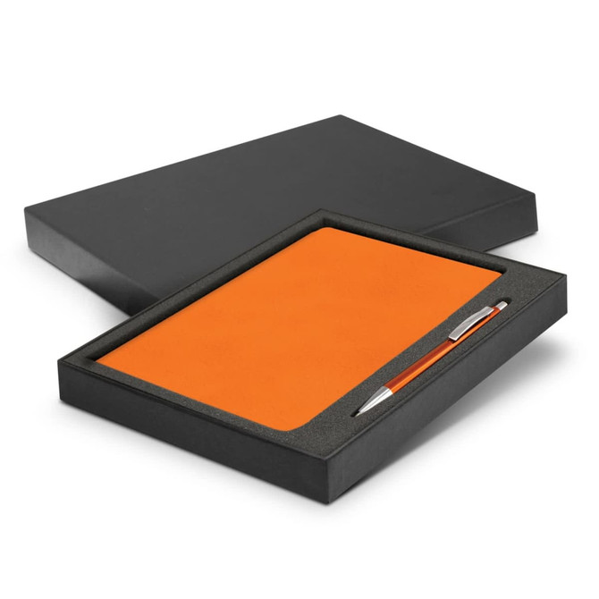 An orange notebook and silver pen in a black gift box, suitable for office or business use.