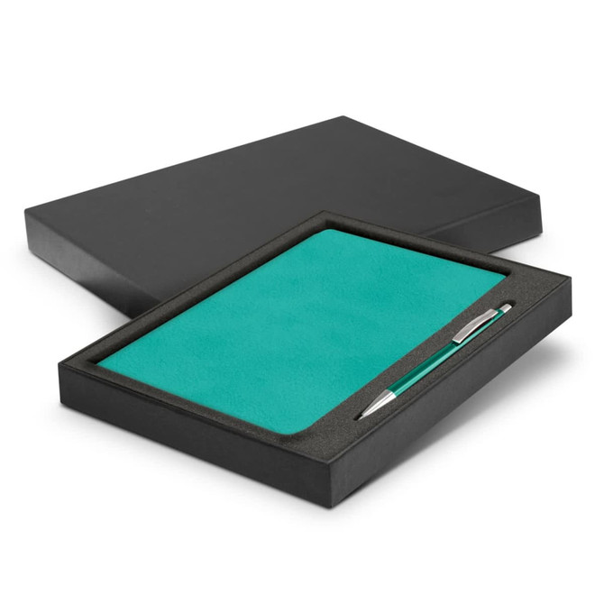 A teal notebook and silver pen set presented in a black gift box.