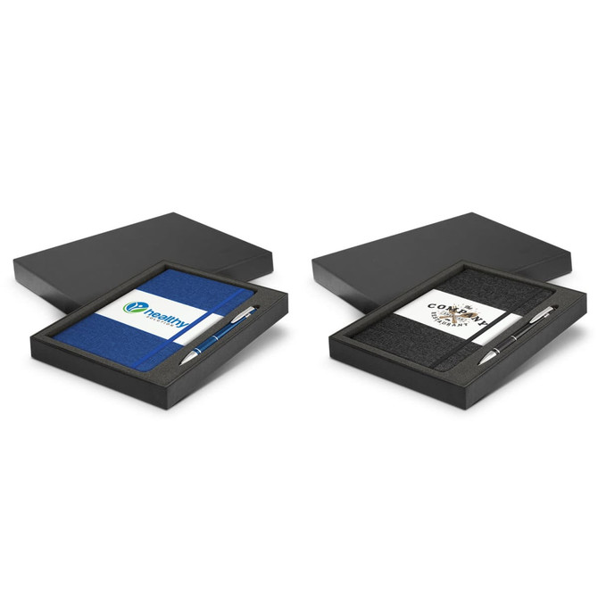 A gift set featuring a blue notebook and a black notebook, each with a pen, presented in a black box.