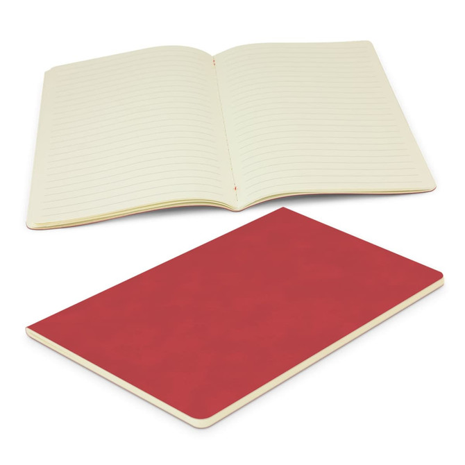 A red notebook with lined pages, featuring a smooth cover and a simple design. It has a logo on the cover.