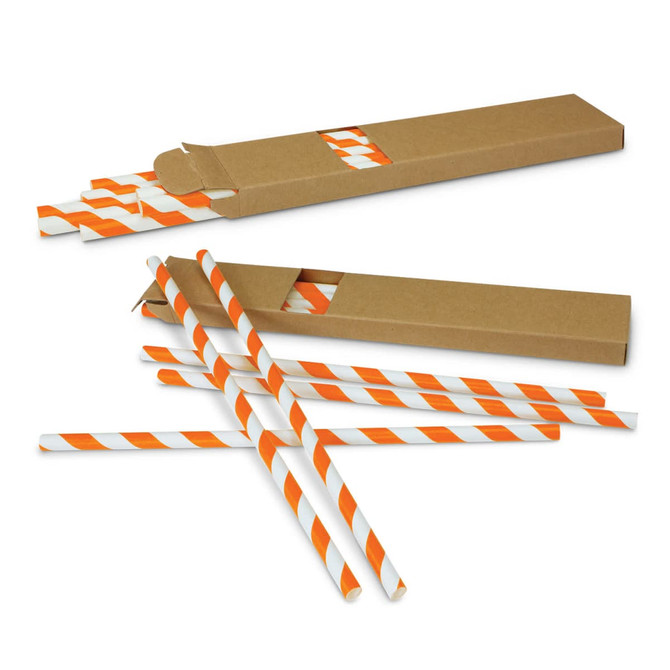 A box containing paper drinking straws in white with orange stripes, some straws are partially pulled out.