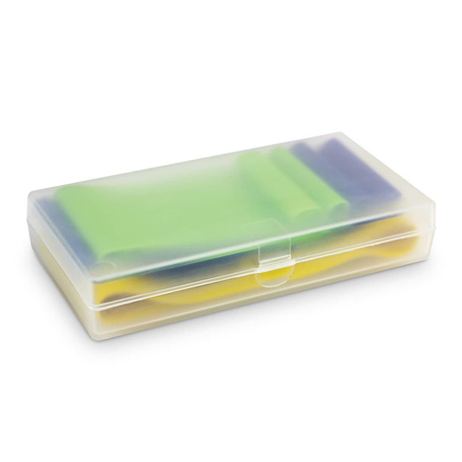 A clear storage case containing resistance exercise bands in green, yellow, and blue colours.