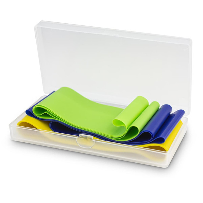 Resistance exercise bands in green, blue, and yellow, neatly stored in a transparent case.