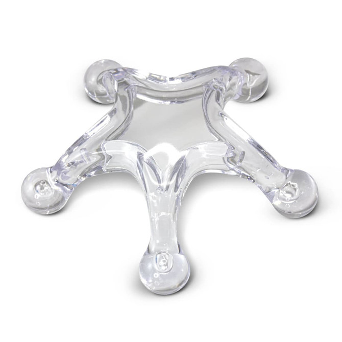 A clear star-shaped massager with rounded tips. The product has a shiny finish and has a transparent appearance.