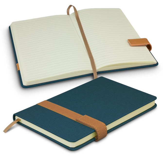 A teal notebook with a brown strap and ribbon bookmark, featuring lined pages and an open cover.
