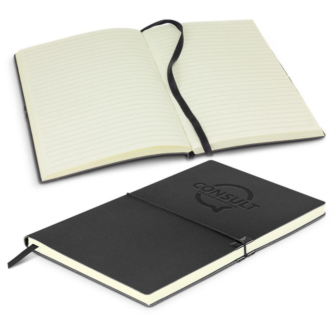 A black Samson Notebook with a textured cover, featuring lined pages and an attached ribbon bookmark.