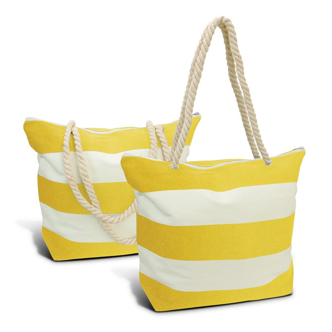 A tote bag featuring yellow and white horizontal stripes with cream-coloured rope handles and a zip closure.
