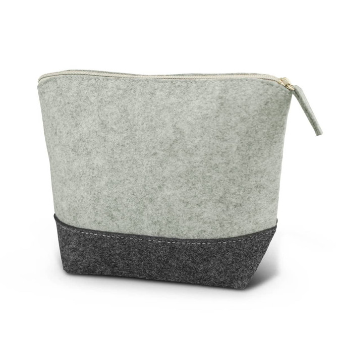 A cosmetic bag featuring a soft green upper section and a dark grey base, with a zip closure and no visible branding.