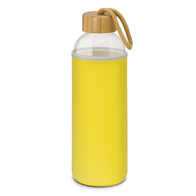 A drink bottle with a transparent glass body, yellow neoprene sleeve, and a bamboo lid with a carrying strap.
