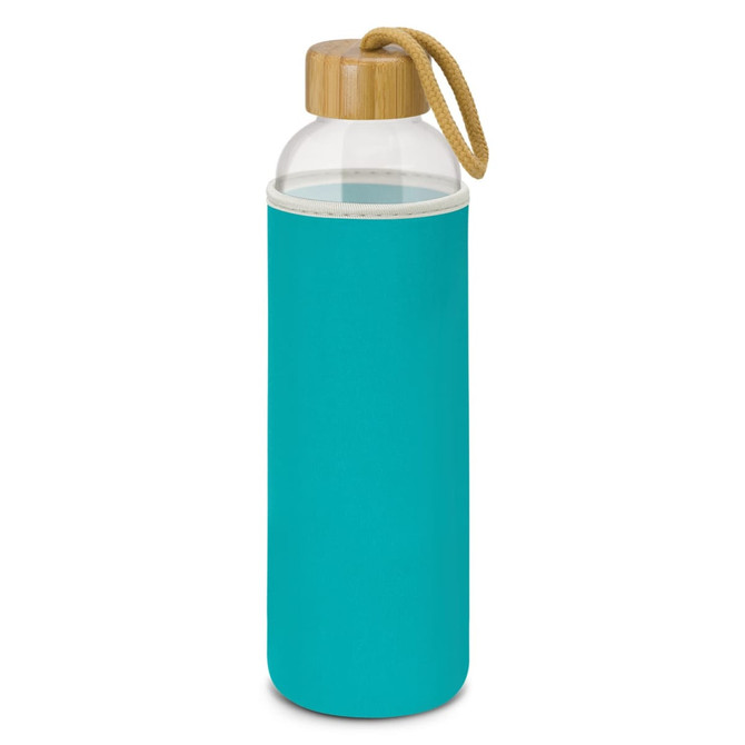 A drink bottle featuring a clear glass body with a bamboo lid and a turquoise neoprene sleeve.