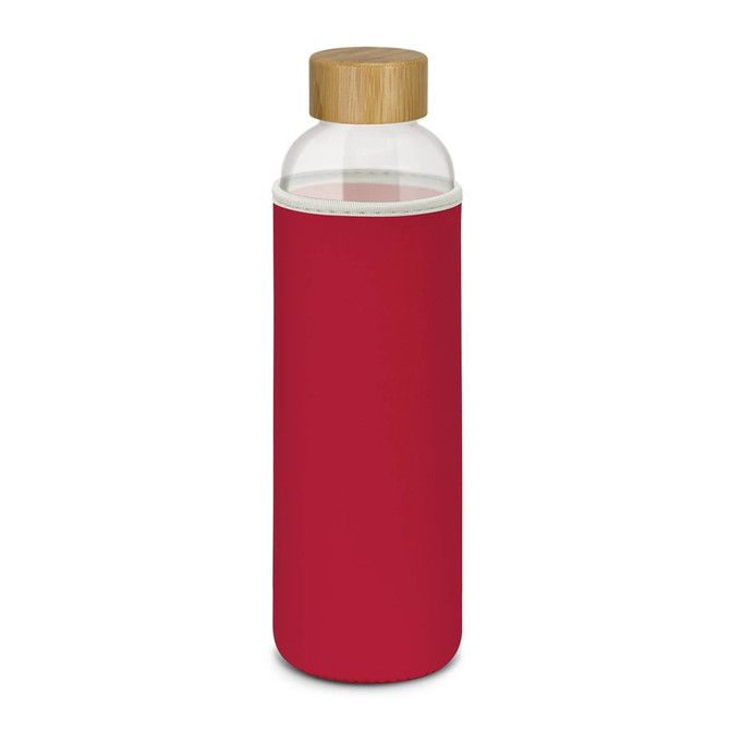 A drink bottle with a clear glass body, red neoprene sleeve, and a wooden lid. It features a logo.